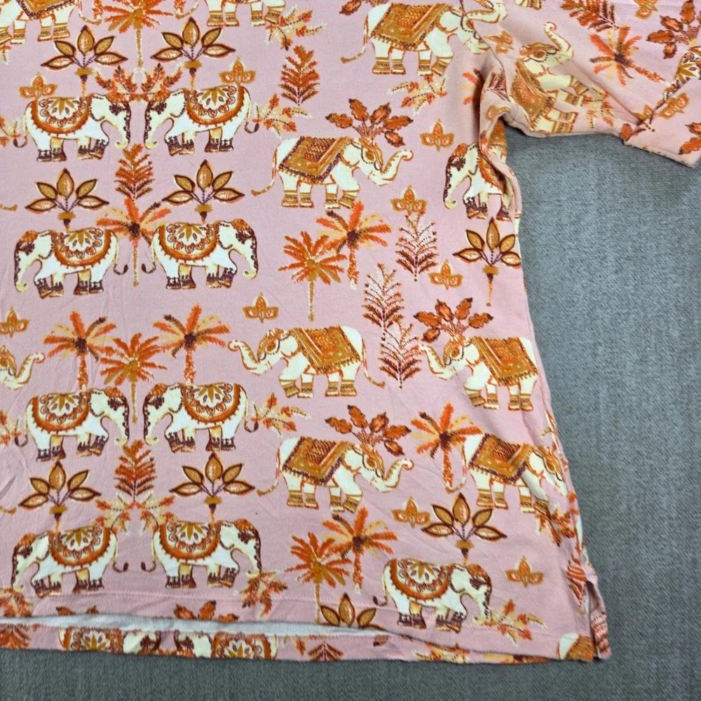 Karen Scott T-Shirt Women 2X Pink Elephant Palm Tree Print Cuffed Short Sleeve